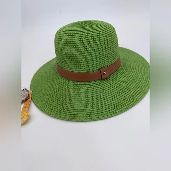 Sun N’ Sand Green Straw Sun Brown Accent Band Stylish Summer Beach & Travel Hat - Picture 6 of 14